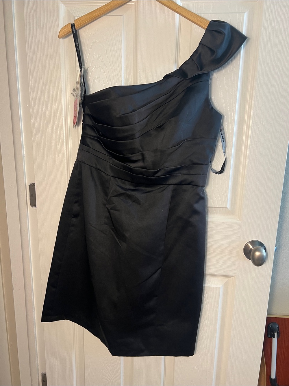 Alfred Angelo Black One-Shoulder Satin Cocktail Dress with Folded Strap